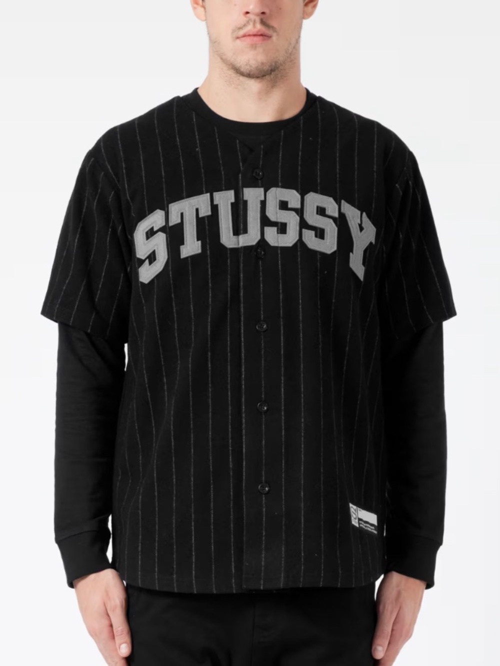 Stüssy Black and White Pinstripe Baseball S/S Shirt, size S